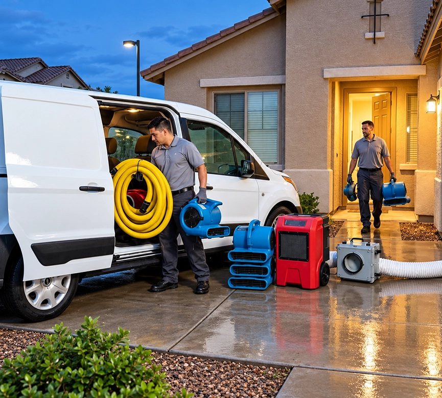 Workers Unloading HVAC Equipment from Van in Residential Driveway