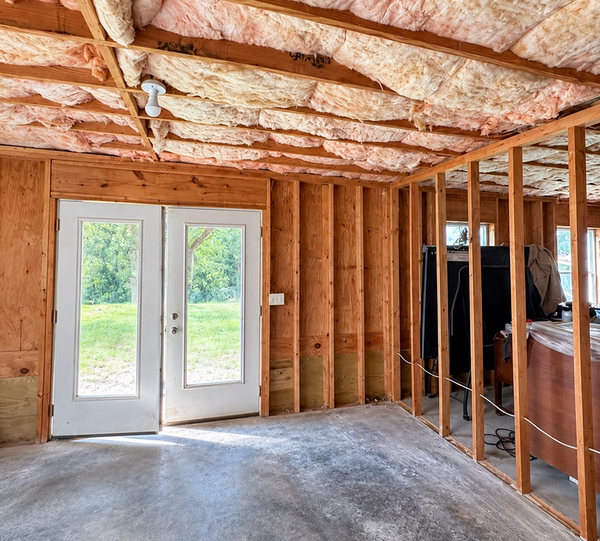 Unfinished Room with Insulation and French Doors, Ready for Home Remodeling
