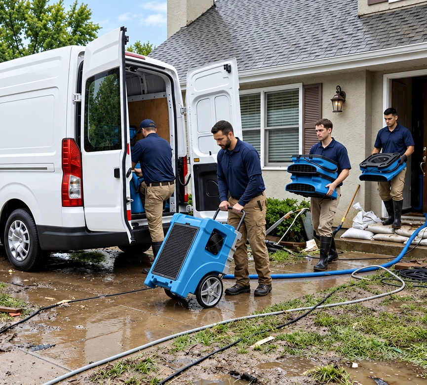 Workers Unloading Equipment for Plumbing Repair Outside Residential Home