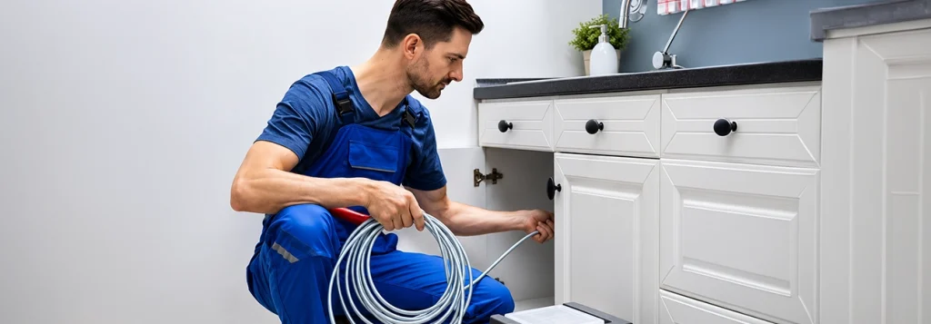 Plumber Repairing Pipes Under Sink With Coil Snake